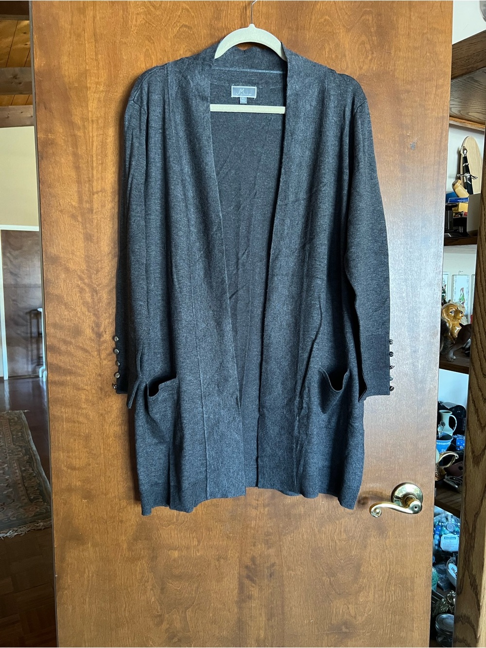 JM Collection Dark Gray Open-Front Cardigan with Pocket Detail